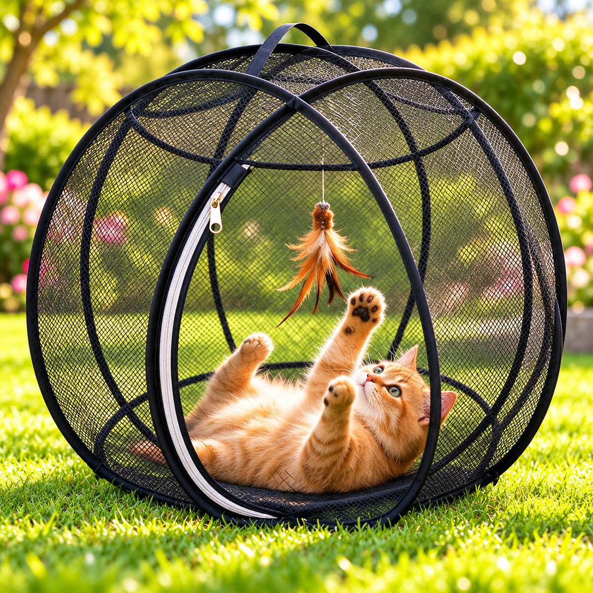 Black spherical mesh outdoor cat enclosure by Mewball