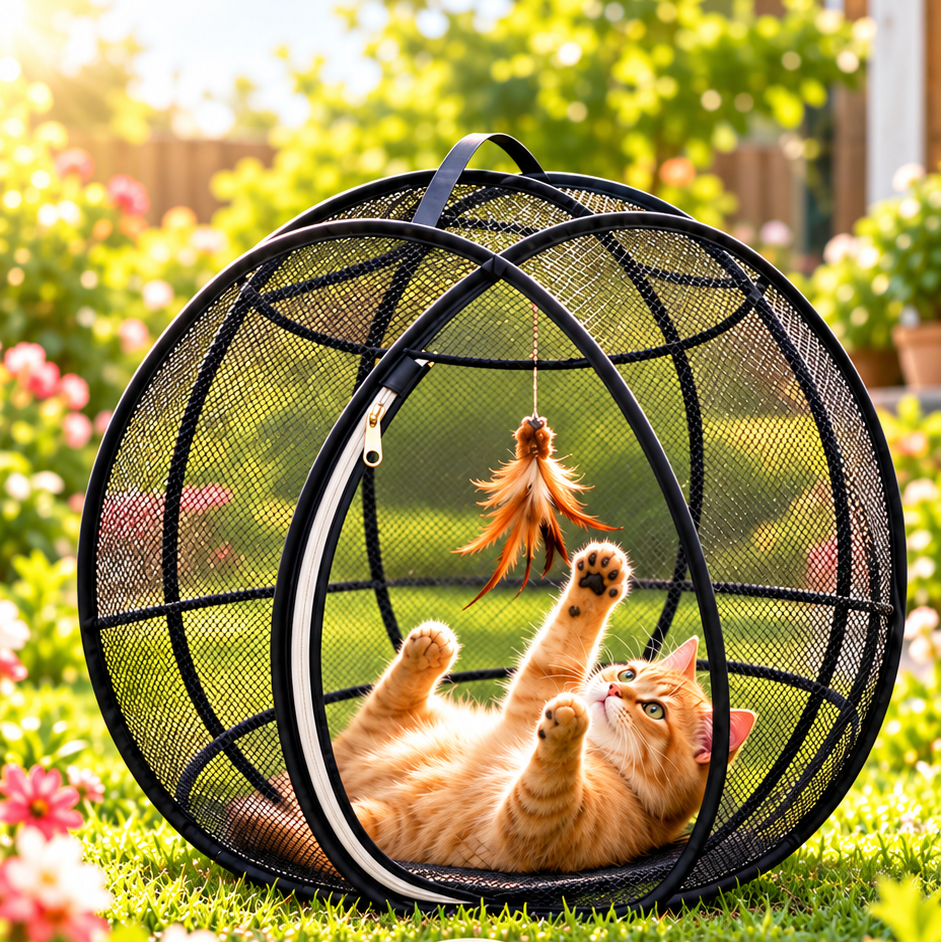 A cat play ball mesh tunnel with a cat inside, set in a sunny garden. The product is a black mesh sphere with a zippered opening, shown with a feather toy hanging inside.